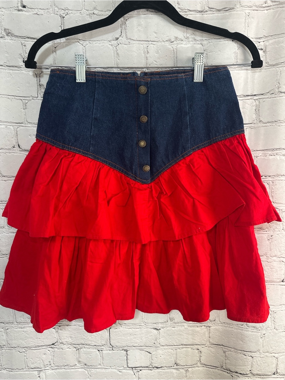 Vintage 80s 90s Red Tiered Ruffle Denim Skirt,  Cowgirl Americana Wear Jr 7